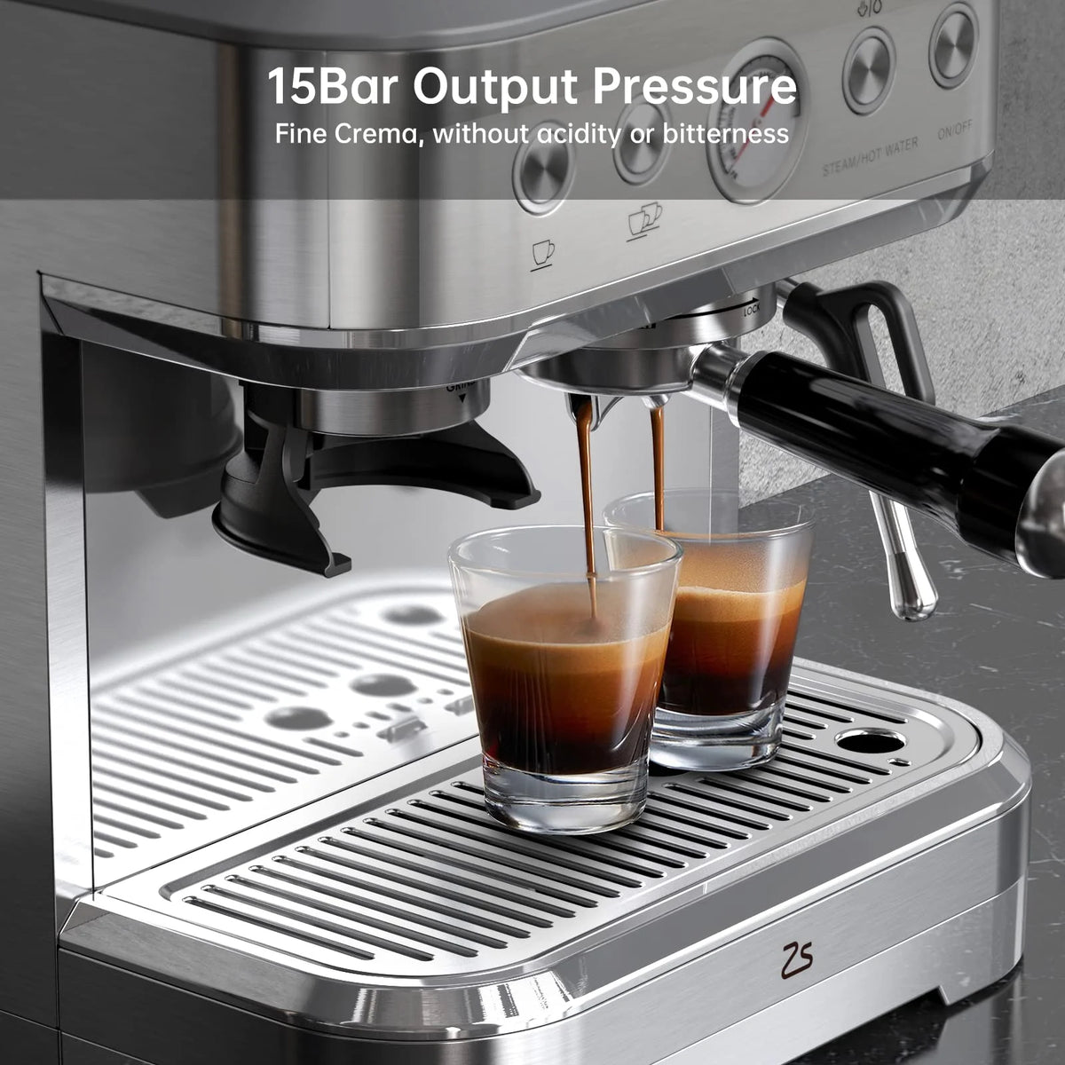 AOILE Espresso Machine with Grinder and Milk Frother �?15 Bar Pump for Cappuccino and Latte, 85oz Removable Water Tank, Stainless Steel, Steam Wand, Auto-Purge Function