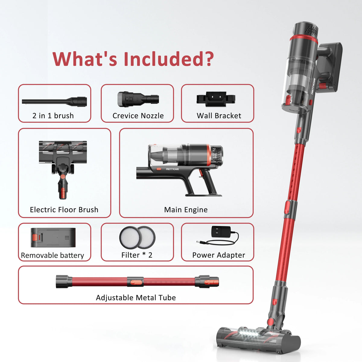 PrettyCare Cordless Vacuum Cleaner Lightweight Stick Vacuum 38kPa with 45min Runtime for Carpet Hard Floors Cleaner Pet Hair P2