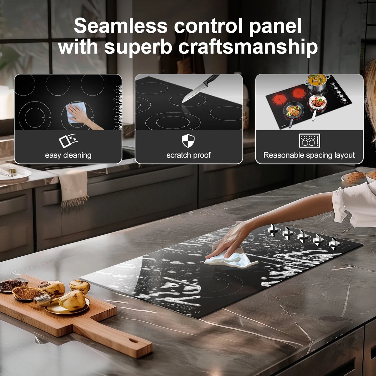 5 Burner Electric Stove, Sunmaki 36 inch Built-in Electric Cooktop 8900W Power Control by Knob for Home/Restaurant, 220V-240V
