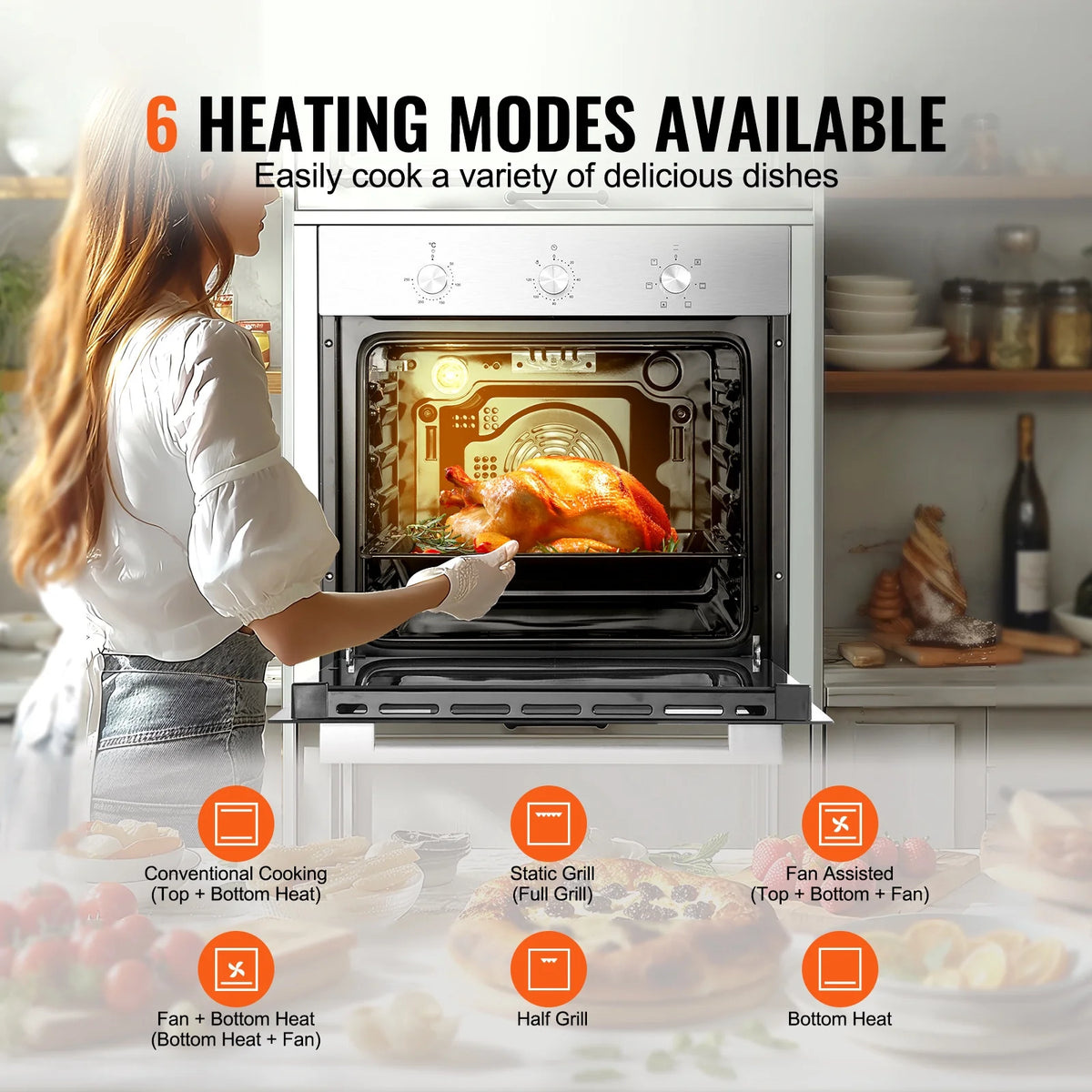 KFFKFF Single Wall Oven, 24" Electric Oven for Built-in Installation, Features 6 Cooking Modes, 2.68 Cu.Ft Capacity, Includes Timer, 2000W Power, Comes with Baking Rack and Tray, Ideal for Kitchen