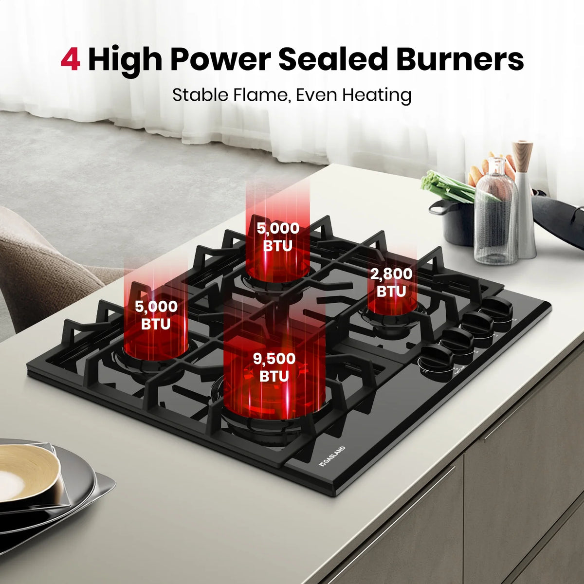 GASLAND GH60EF 24" Built-in Gas Stove Top, Black Ename Gas Cooktop with Griddle, 4 Sealed Burners, ETL