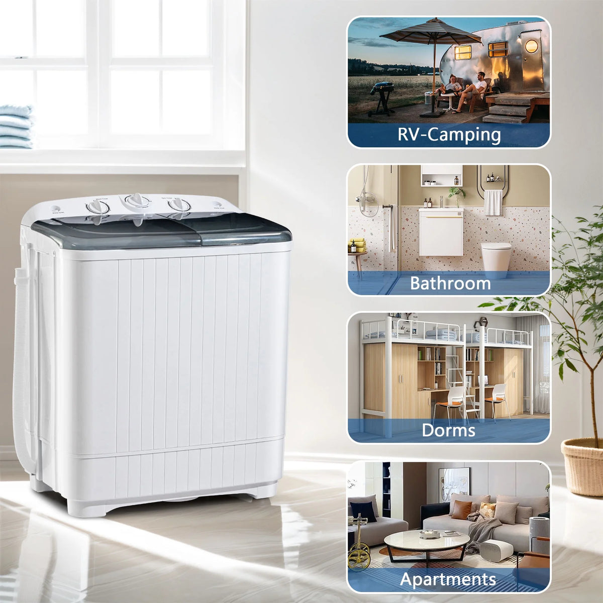 Dimedeal Portable 18lbs Twin Tub Mini Washing Machine, 11lbs Washer & 7lbs Spinner with Drying Rack & Hangers