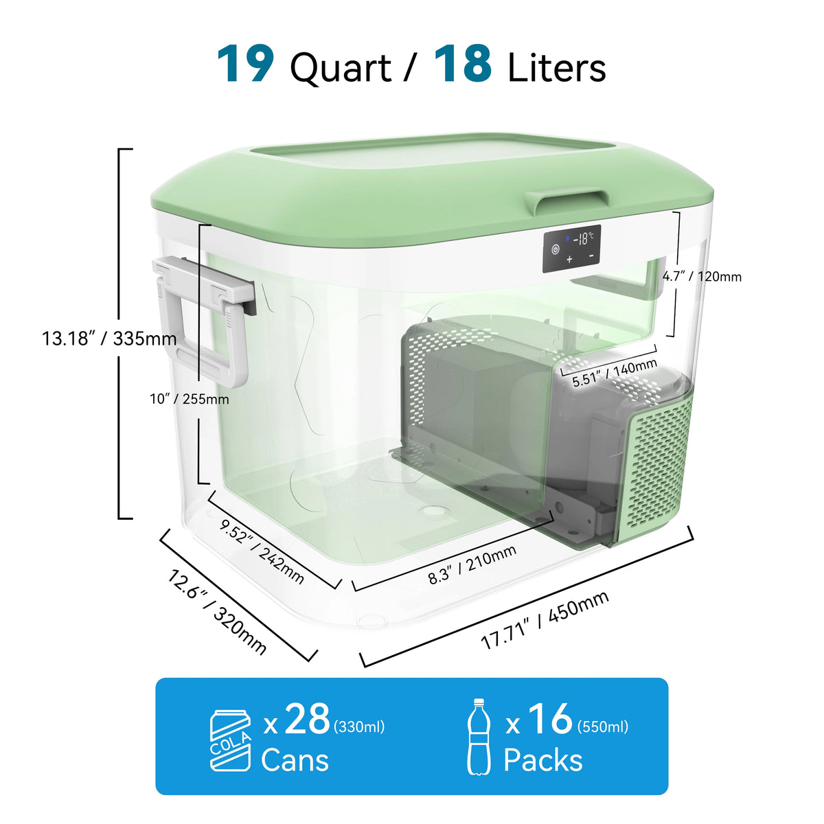 Portable Fridge 19 QT(18 Liter) 12 Volt Fridge Car Freezer Compressor Cooler 12/24V DC 110��240V AC for Camping Truck RV Boat & Home Use -18��~+15��