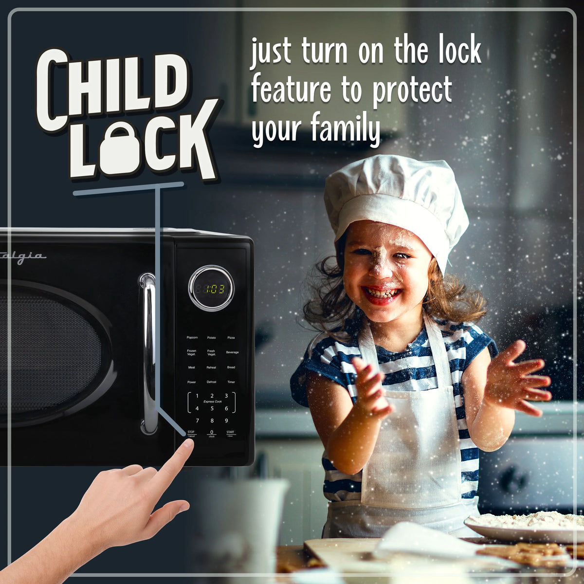 Nostalgia Retro Microwave Oven - 1.1 Cu Ft & 1000-Watt Countertop Size with Glass Turntable, Child Safety Lock, 8 Auto-Cook Programs & Digital Clock - Black