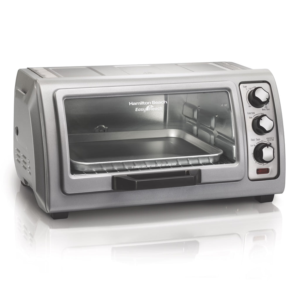 Hamilton Beach 6 Slice Countertop Toaster Oven with Easy Reach Roll-Top Door, Bake, Broil & Toast Functions, Silver