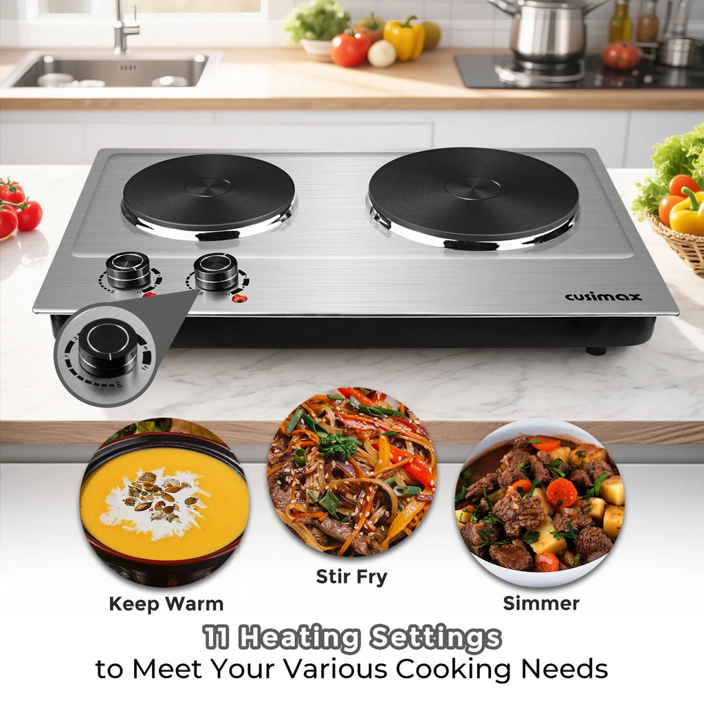 CUSIMAX 1800W Portable Double Burner Hot Plate �?Stainless Steel Countertop Electric Cooktop with Dual Cast Iron Heating Plates, Easy-to-Clean Silver Design, Upgraded Version