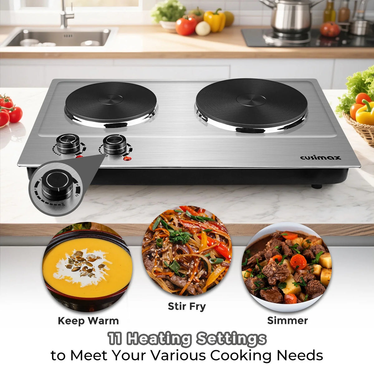 CUSIMAX 1800W Portable Double Burner Hot Plate �?Stainless Steel Countertop Electric Cooktop with Dual Cast Iron Heating Plates, Easy-to-Clean Silver Design, Upgraded Version