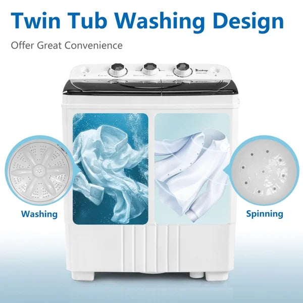 20Lb Twin Tub Washing Machine w/ Built-In Pump - Semi-Automatic 1300RPM Compact Washer for Apartment, Dorm, RV, Camping, White/Black