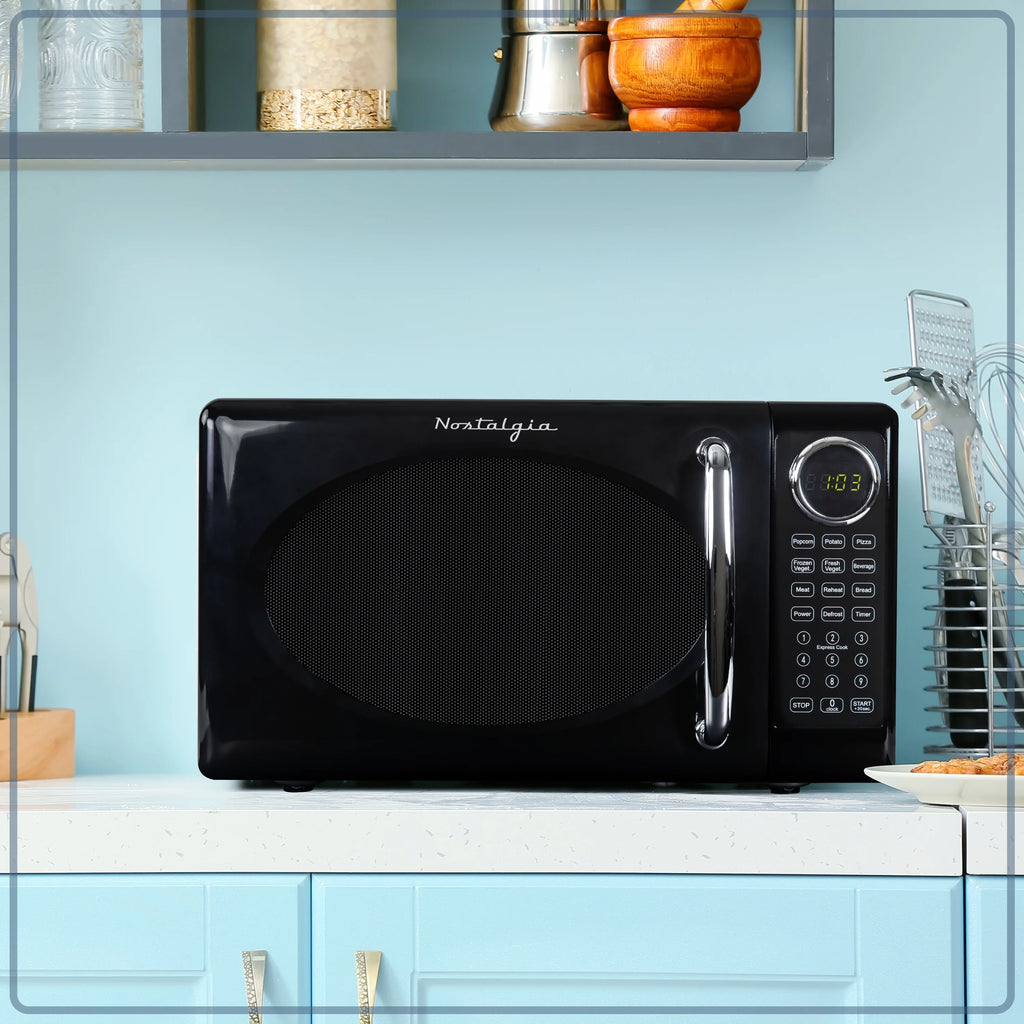 Nostalgia Retro Microwave Oven - 0.7 Cu Ft & 700-Watt Countertop Microwave with Glass Turntable, Child Safety Lock, 8 Auto-Cook Programs & Digital Clock - Aqua