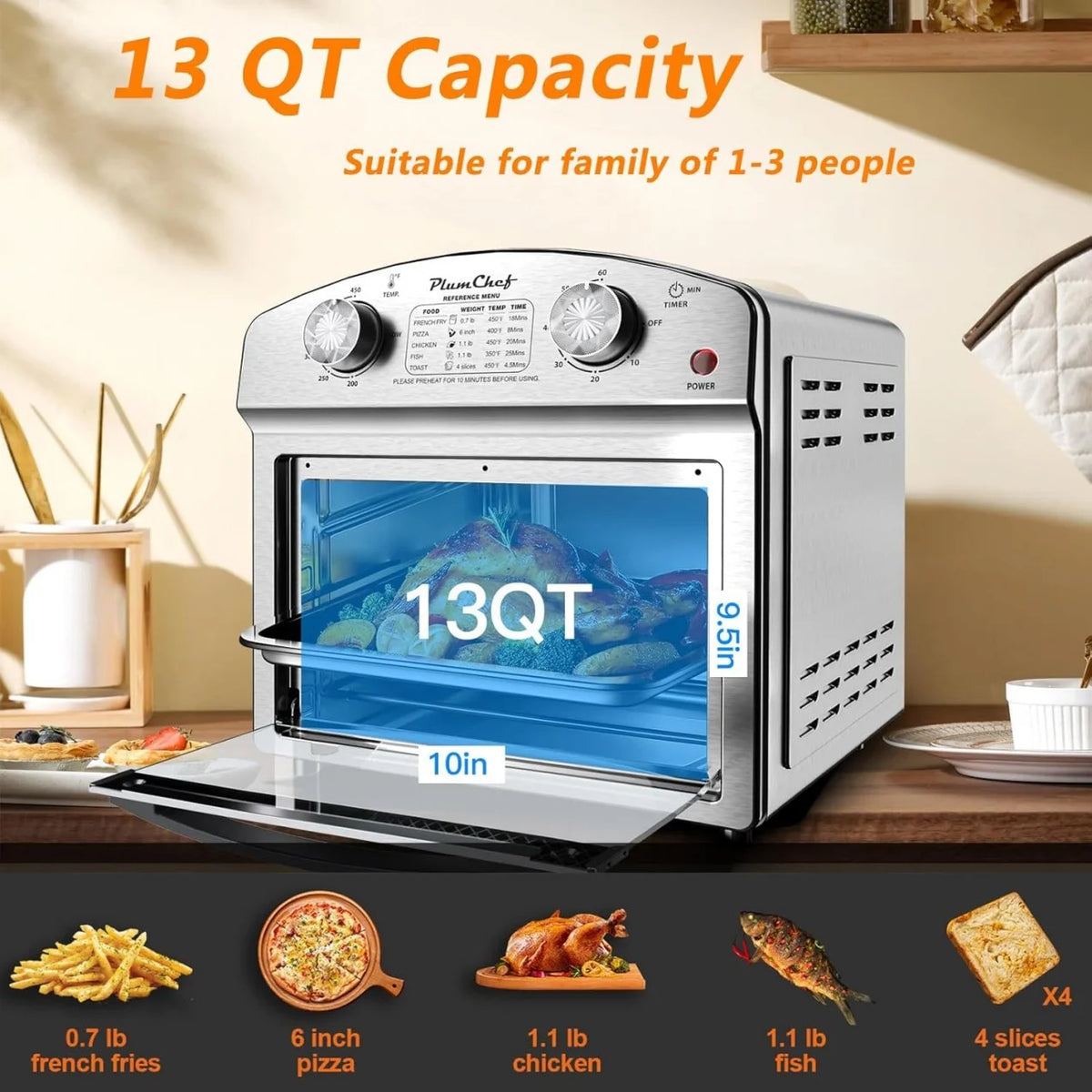 Plum Chef 13QT Air Fryer, 4-Slice Air Fryer Toaster Oven, Space Saving, Visible Window, Oil Free, 1500W, Stainless Steel, Silver
