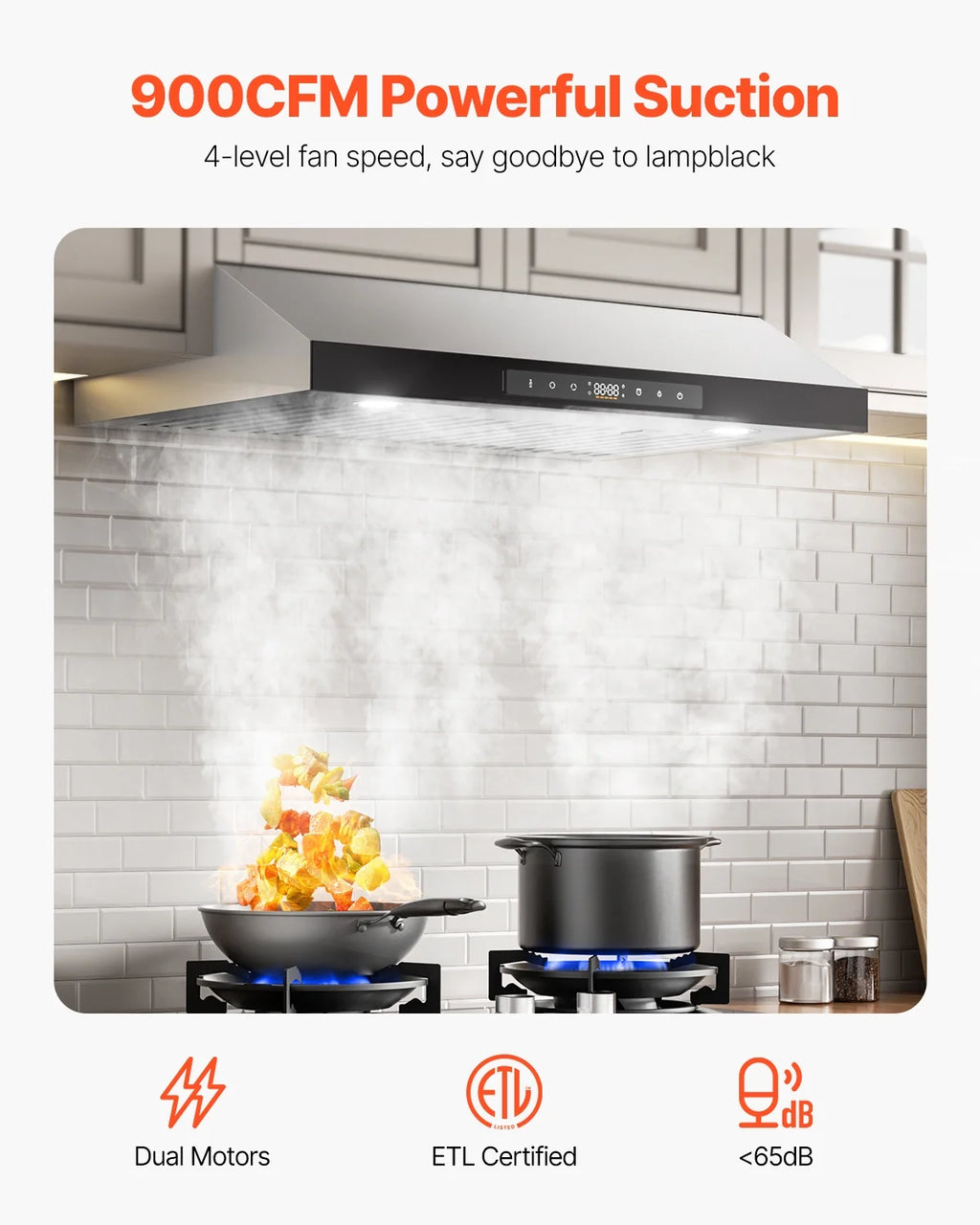 KFFKFF 30 Inch Under Cabinet Range Hood, Kitchen Exhaust System, 900CFM Dual Engine Stainless Steel Cooker Hood, Equipped with Gesture and Touch Interface, LED Illumination