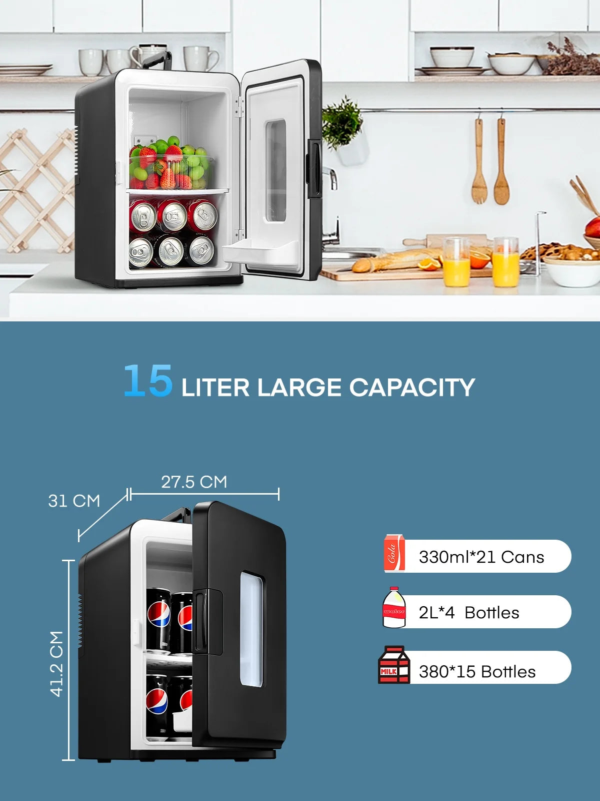 15L/21 Can Mini Fridge for Bedroom Refrigerator Cooler&Warmer, AC/DC, 1 Door, 11.8"Width, Black, New