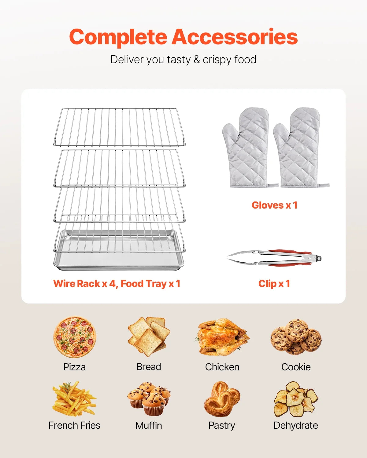 KFFKFF Professional Counter-Top Oven, 66L 4-Level Roasting Oven, 2800W Electrical Cooking Oven with Reinforced Glass Door, Wire Shelves, Clip Tray, Gloves, Stainless Steel Industrial Oven