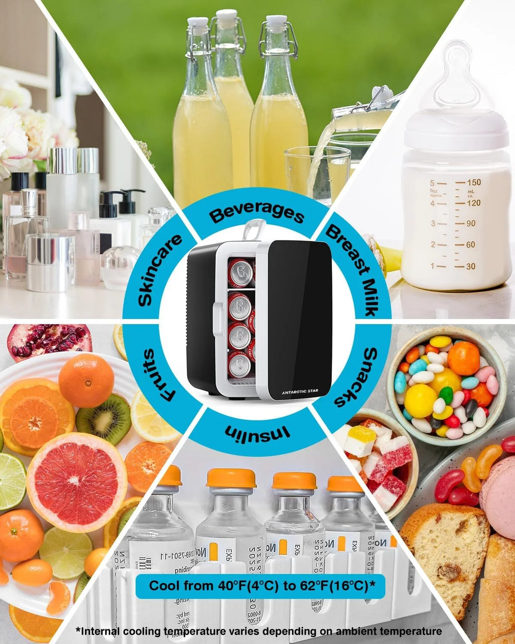 Compact Mini Fridge, 10L Portable Small Refrigerator, 2.6 Gal Mini Fridge with AC/DC Adapters, Small Cosmetics Cooler for Beverage, Food, Makeup, Bedroom, Office, Dorm,