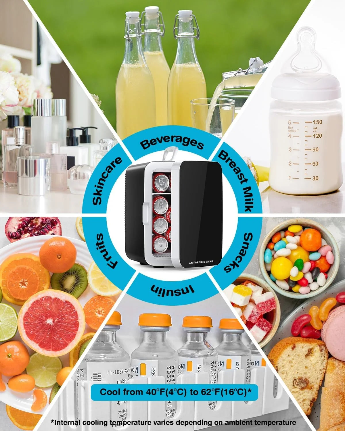 Compact Mini Fridge, 10L Portable Small Refrigerator, 2.6 Gal Mini Fridge with AC/DC Adapters, Small Cosmetics Cooler for Beverage, Food, Makeup, Bedroom, Office, Dorm,