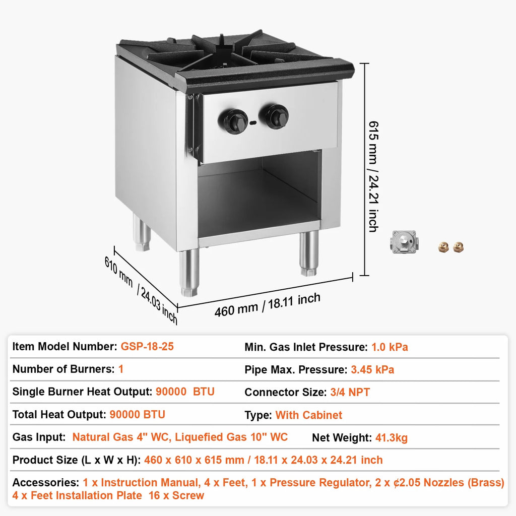 KFFKFF Gas Range for Commercial Kitchens, Dual Fuel Support with Propane & Natural Gas, Stainless Steel Countertop Burner, 90,000 BTU, Includes Storage Cabinet, Ideal for Restaurants