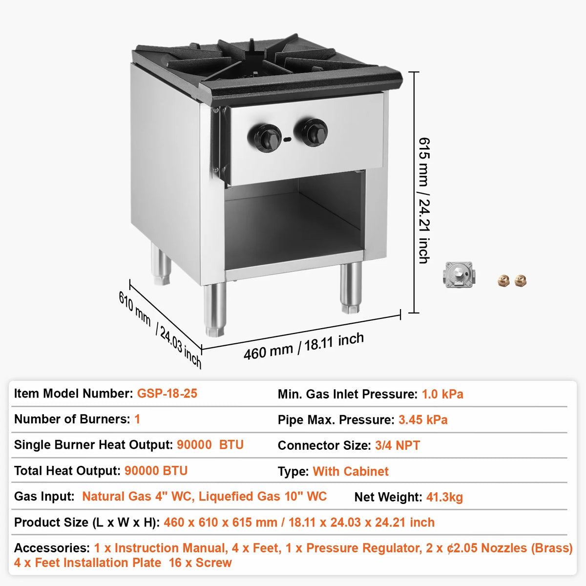 KFFKFF Gas Range for Commercial Kitchens, Dual Fuel Support with Propane & Natural Gas, Stainless Steel Countertop Burner, 90,000 BTU, Includes Storage Cabinet, Ideal for Restaurants