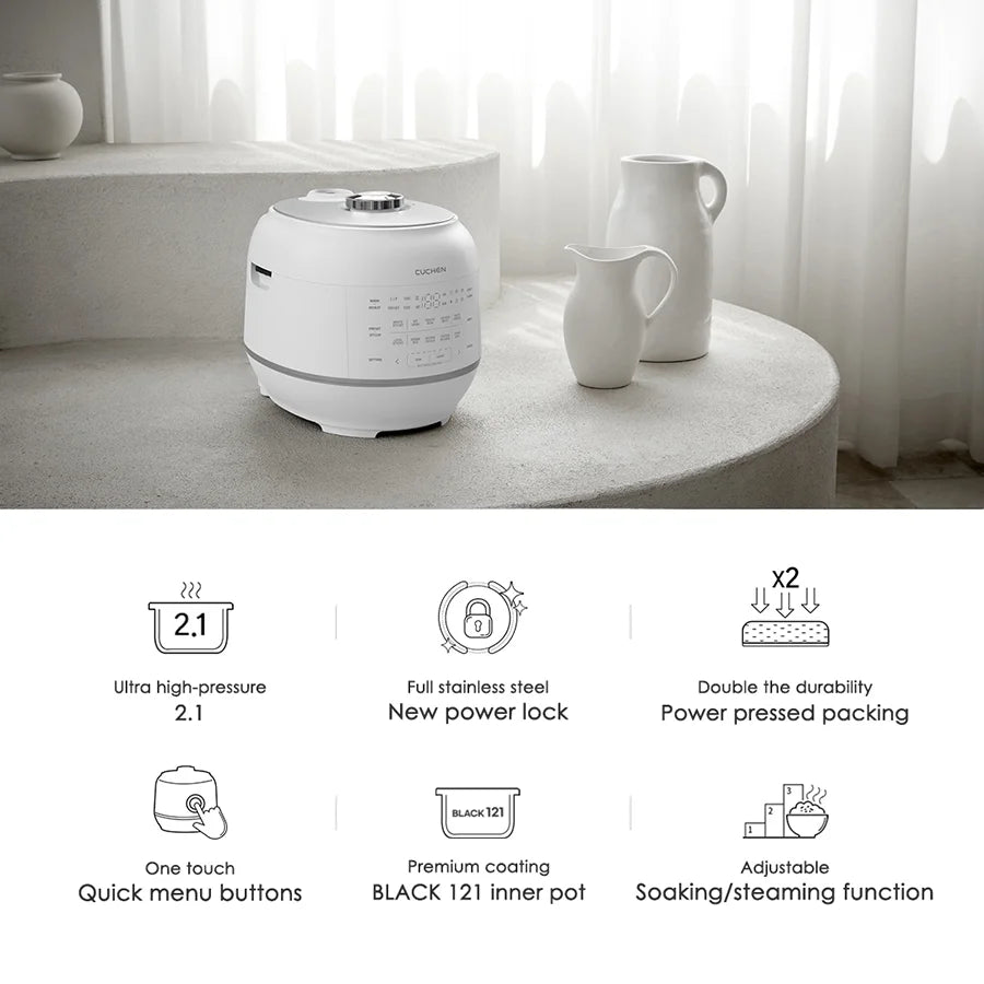 CUCHEN CRT-RPK0670WUS | 2.1 Ultra High-Pressure Induction Heating Rice Cooker 6 Cup (Uncooked) | Full Stainless Power Lock System | Auto Steam Clean | Voice Guide | Made in Korea | White