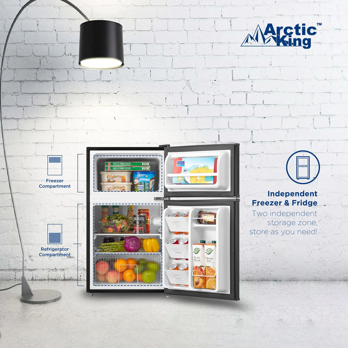 Arctic King 3.2 Cu ft Two Door Mini Fridge with Freezer, Stainless Steel, E-Star