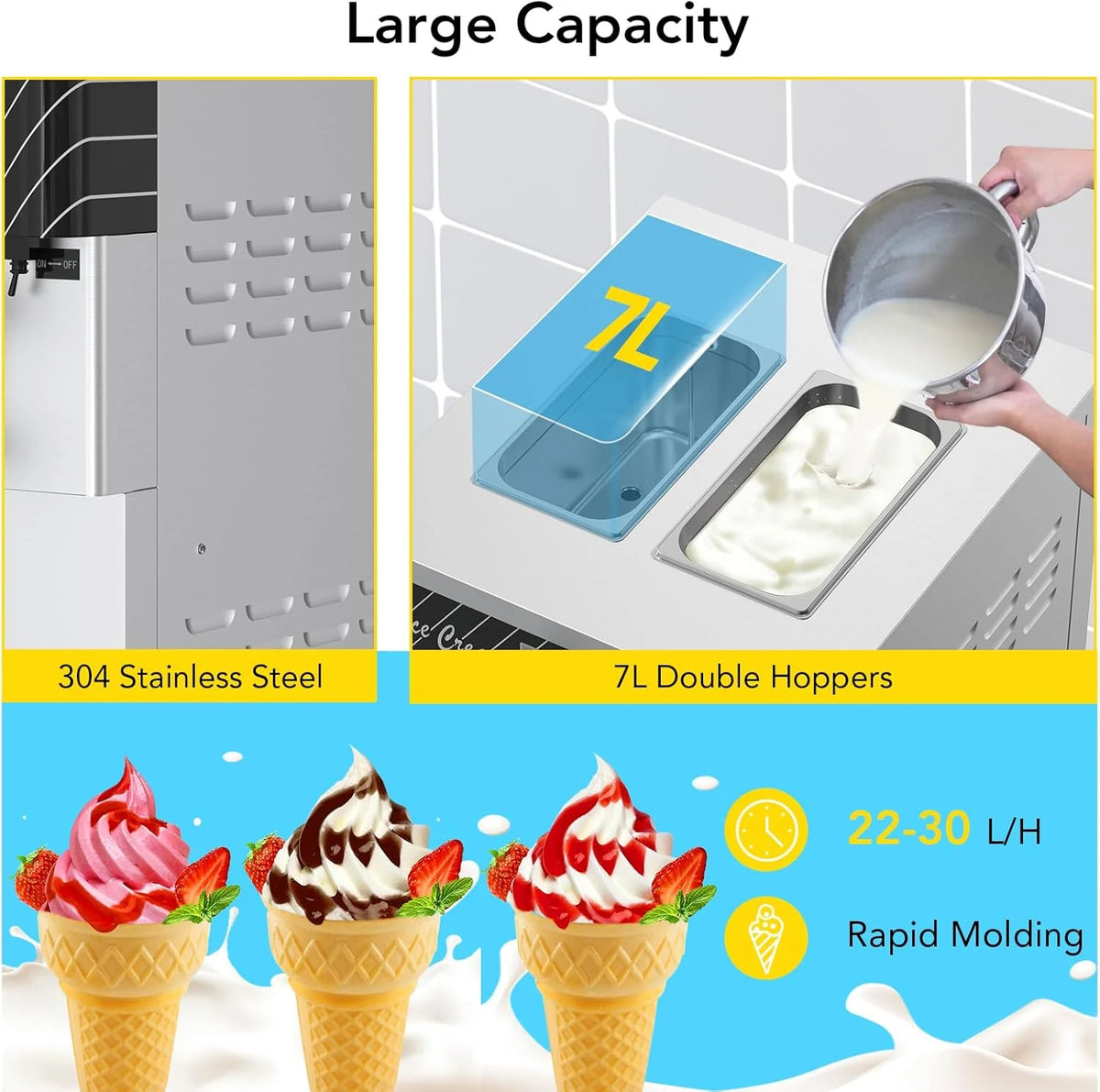 NEILA 2+1 Flavor Soft Serve Ice Cream Maker Machine Commercial,5.8-7.9 Gal/Hr Vertical Soft Serve Machine with 5.5 Inch Screen,Auto Clean Pre-Cooling High Productivity for Restaurants&Snack,2450W