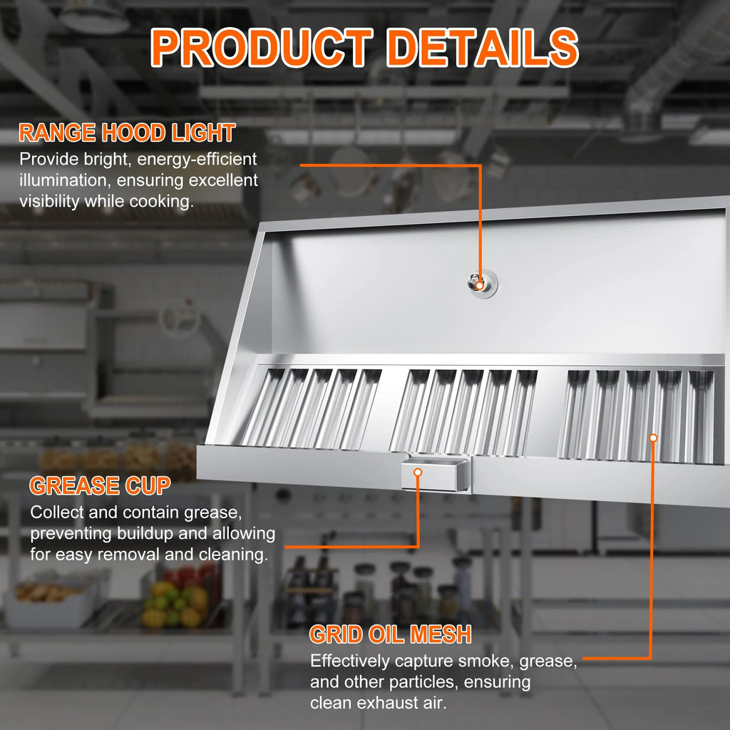 HAN'KITCHEN'LON'S 4FT Stainless Steel Commercial Exhaust Hood for Concession Trailers, featuring 2 Removable Filters, Grease Cup, Hood Light, and Rust Resistance. NSF Listed for Restaurant Use