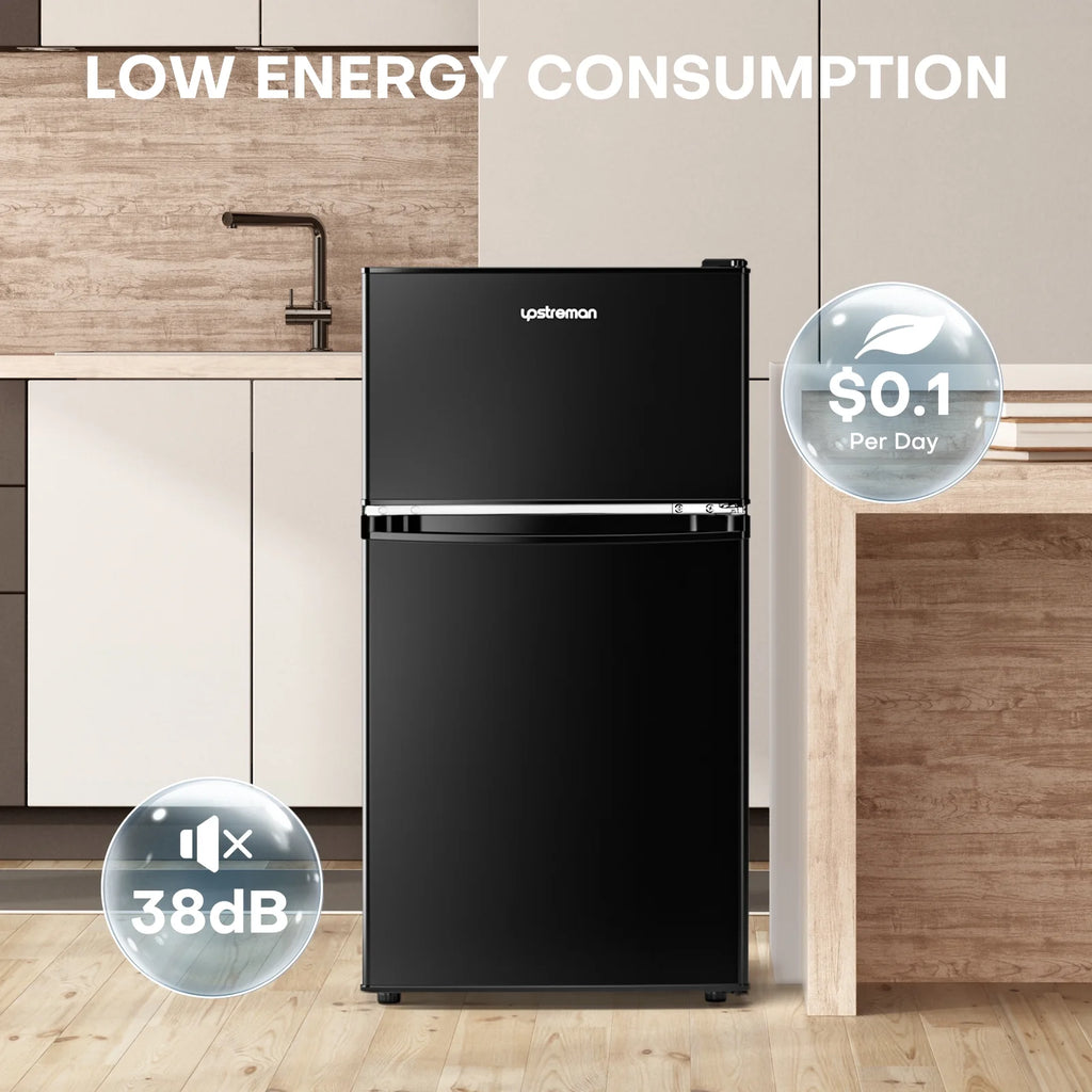 Upstreman 3.2 Cu.Ft Mini Fridge with Top Freezer, 2 Door Small Compact Refrigerator, Energy Saving, Adjustable Thermostat, Adjustable Legs, for Apartment Office Dorm Bedroom Garage RV, BD321 Black