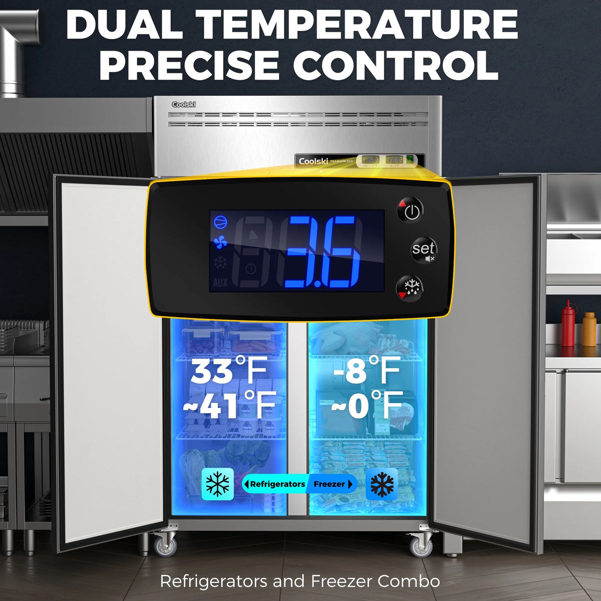 "COOLSKI 48"" Upright Refrigerator Freezer Combo, 36 Cu.ft 2-Door Cooling Appliance for Restaurants"