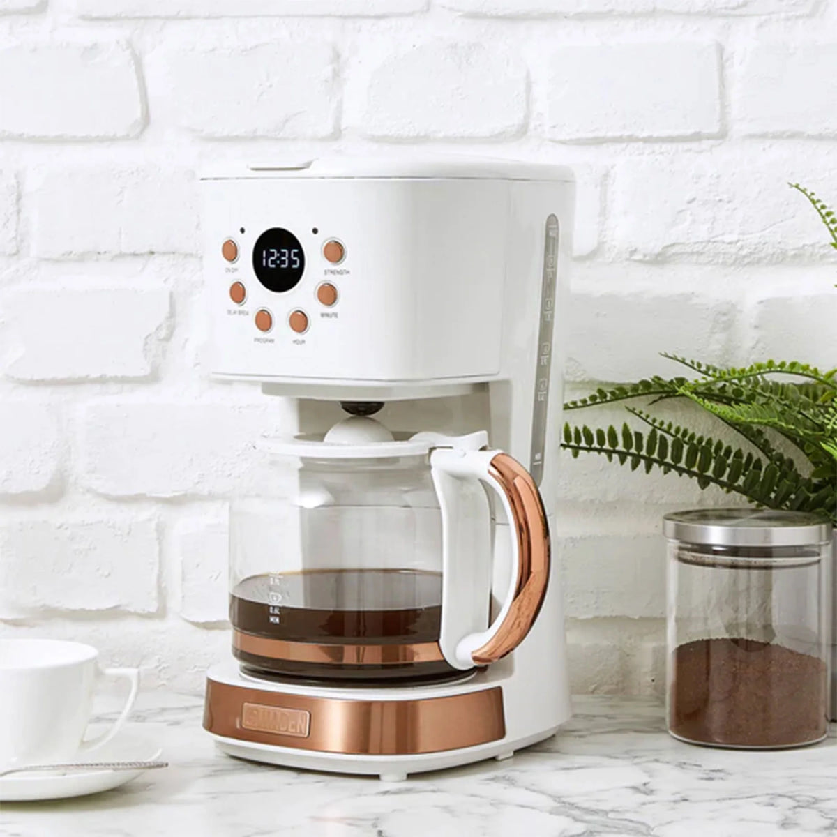 Haden 12 Cup Coffee Maker with 2 Slice Stainless Steel Bread Toaster, White