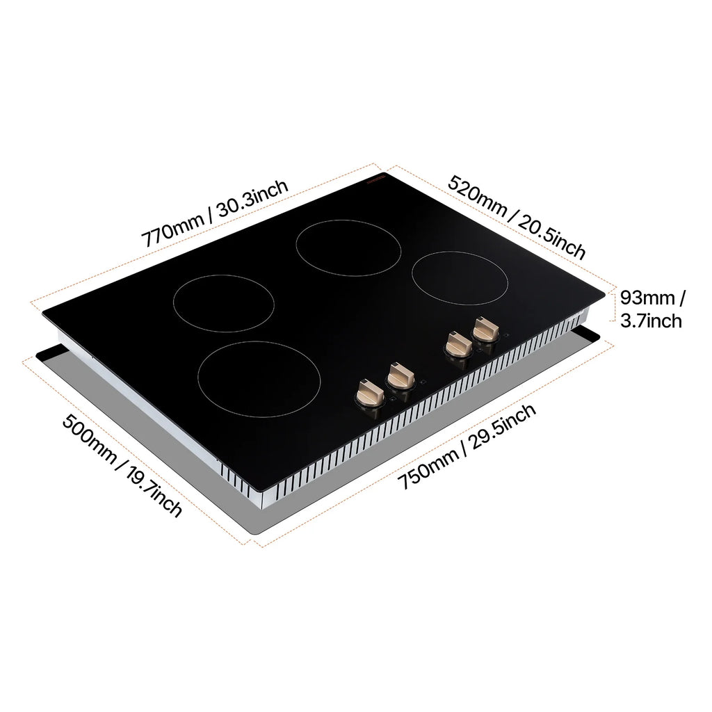 KFFKFF 4 Burner Built-in Electric Cooktop, 6600W 30" Built-in Top Electric Stove, with Knob Control, Temperature & Power Levels, Glass Top, Independent Control for Different Pots