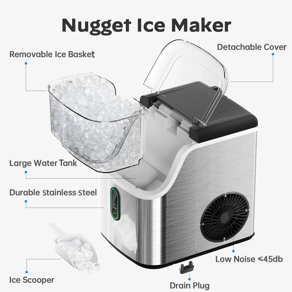 Philergo Nugget Ice Maker Countertop, Pebble Ice Maker Machine with Self-Cleaning, 35lbs/24hr, Soft Chewable Pellet Ice Maker for Home, Kitchen, Stainless Steel