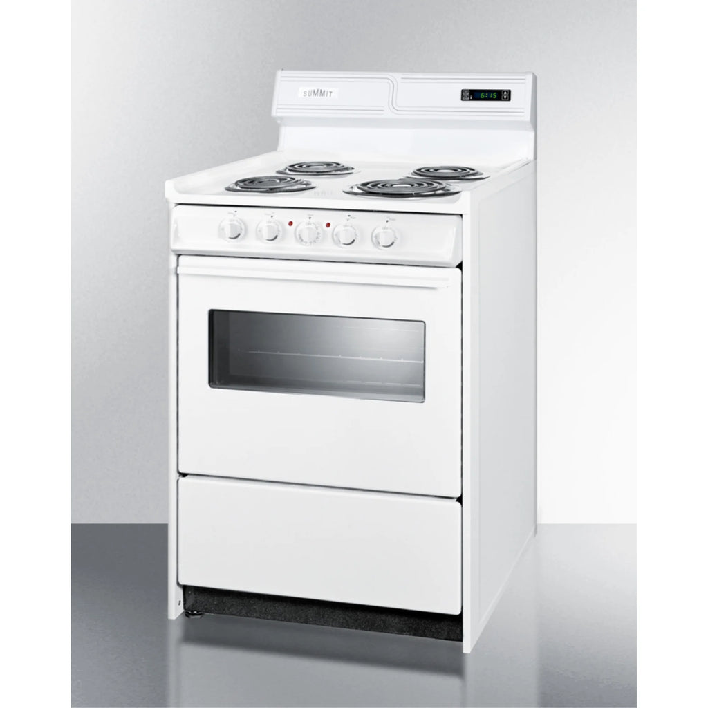24" wide electric coil top range in white with oven window and high backguard