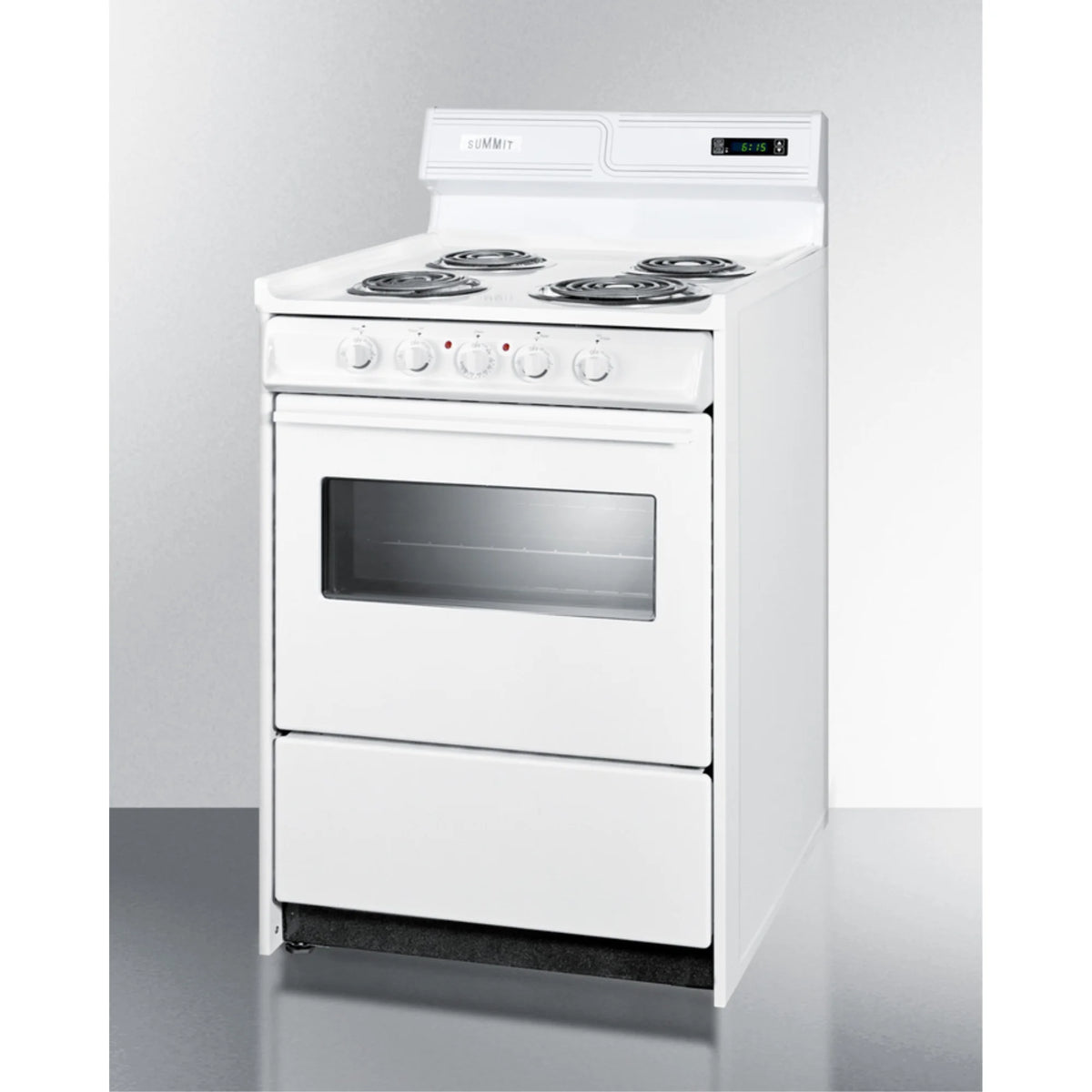 24" wide electric coil top range in white with oven window and high backguard