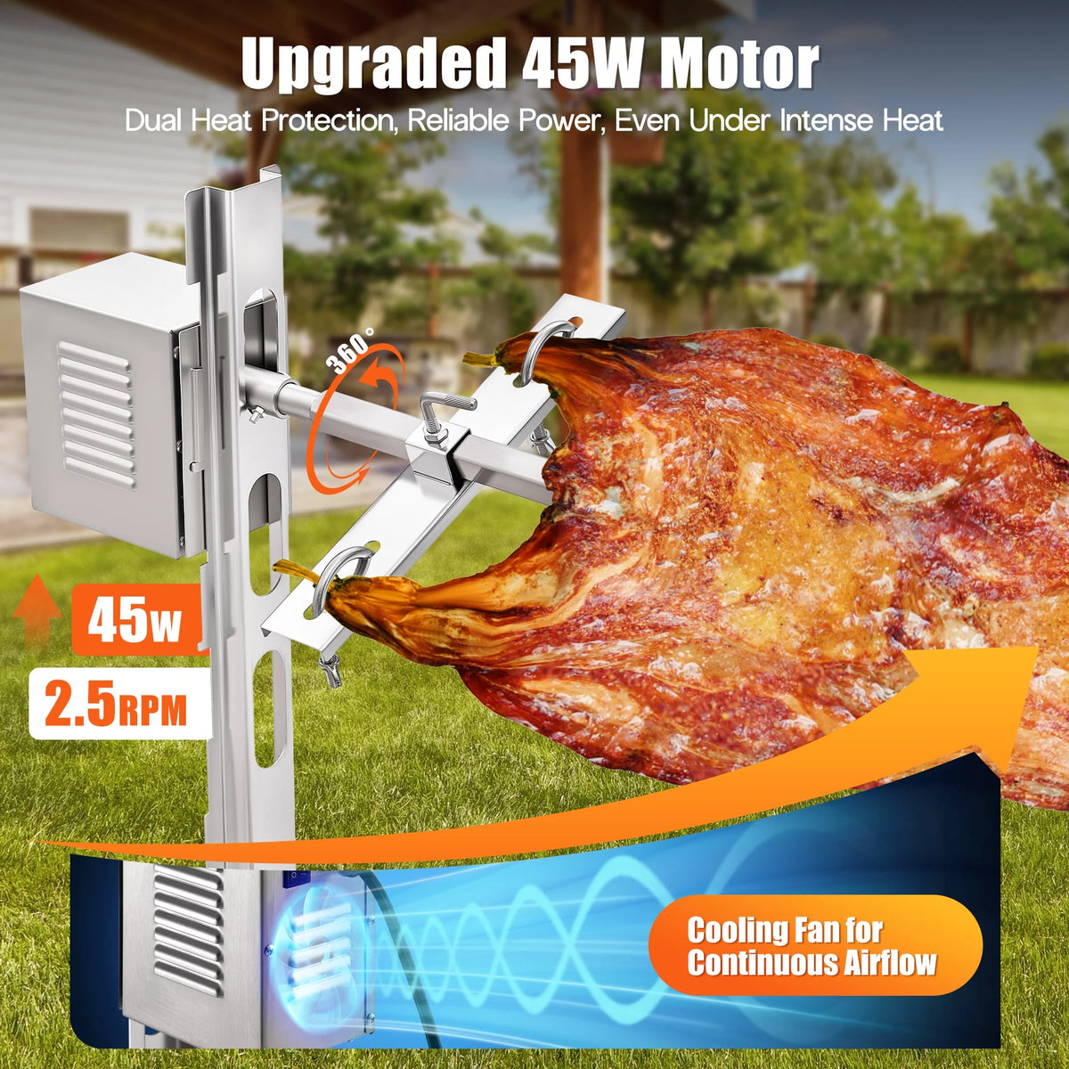 LUXOAK Electric BBQ Rotisserie Grill Kit, 46" 132 Lbs Capacity, 45W Motor, Height-Adjustable Stainless Steel Pig Roaster with Triangular Stability Support Stand for Pig Lamb
