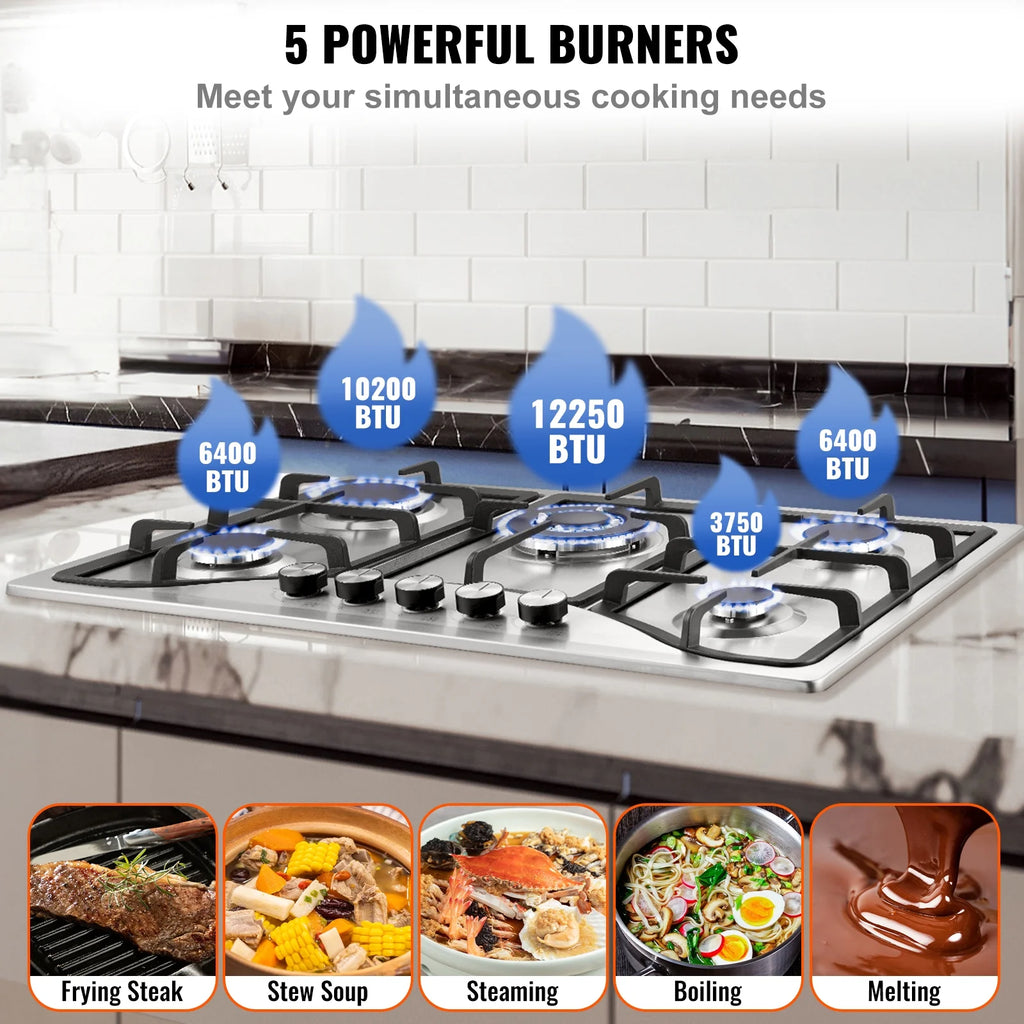 KFFKFF Gas Cooktop Stove Top 30 inch Max 12250BTU 5 Burners Built-in LPG/NG Convertible