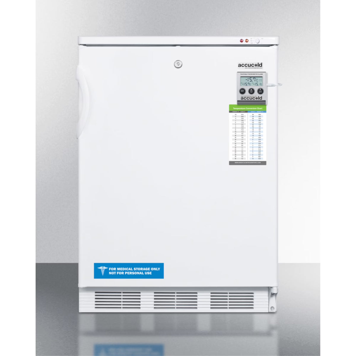 Built-in undercounter freezer capable of -25 C operation; includes audible alarm, lock, and hospital grade plug