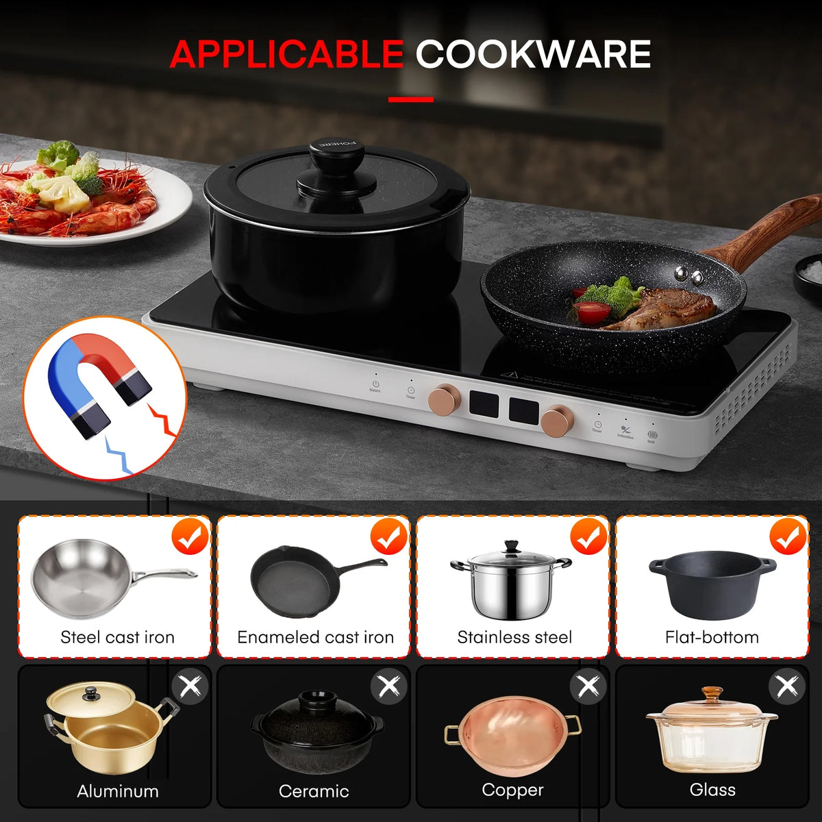 Induction Cooktop 2 Burners, 1800W Countertop Burners with Removable Cast Iron Griddle Pan Non-Stick, 8 Power Levels Control