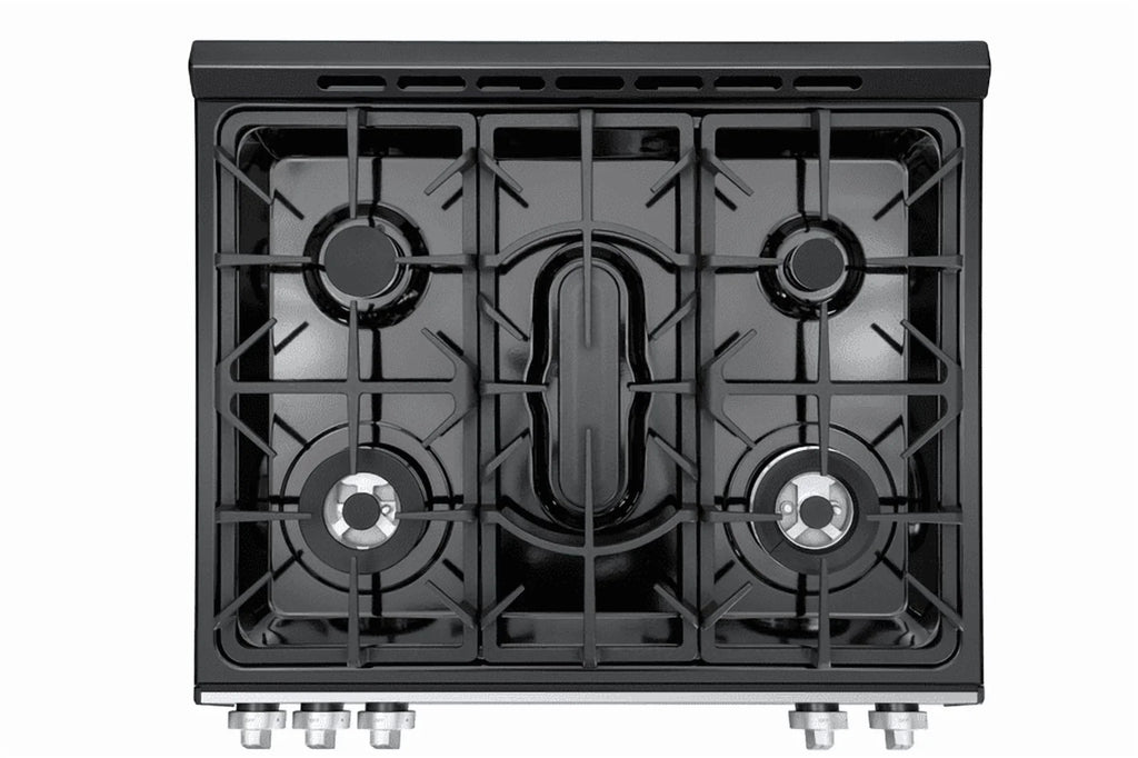Kenmore 22-76853 5.6 cu. ft. Front-Control 5 Burner True Convection Gas Range with Oven, Large Window, Three Oven Racks, Dishwasher Safe Cast Iron Grates