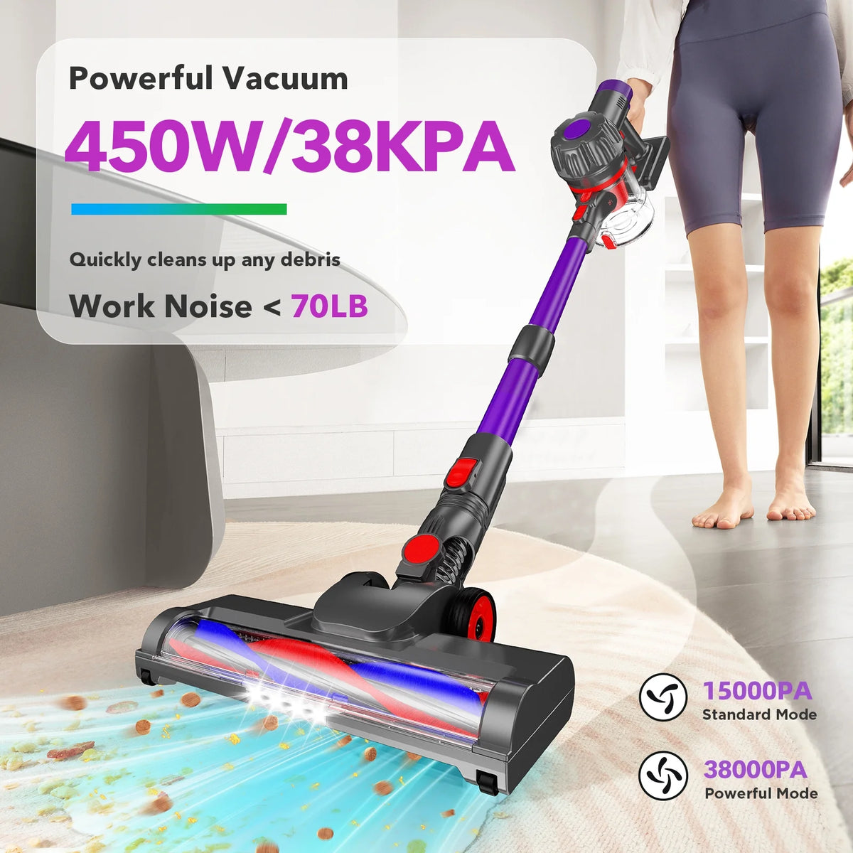 KANFUAQ Cordless Vacuum Cleaner, 38000PA/450W 50min 2500mah for Home Pet Hair Carpet Wood Floor