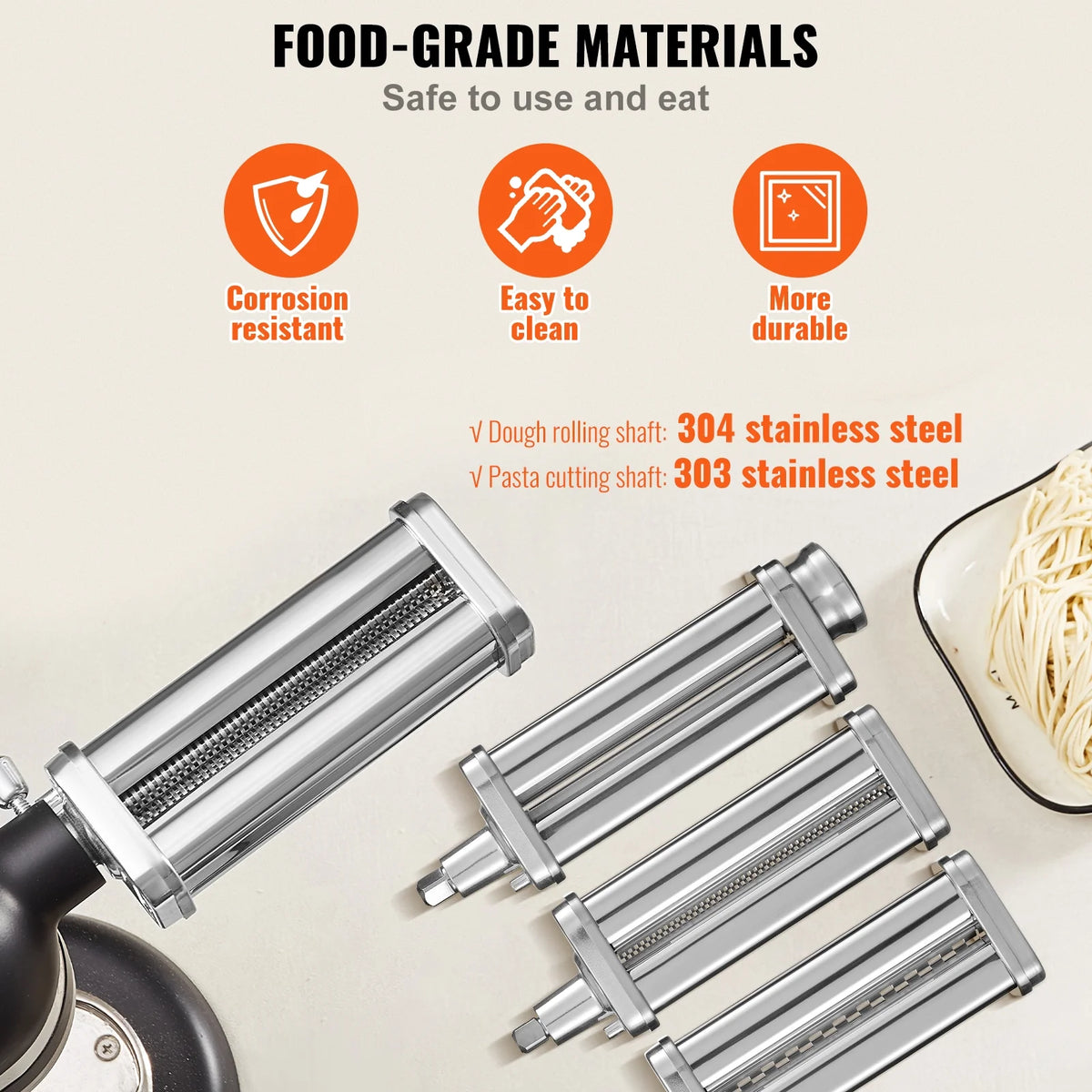 KFFKFF Pasta Maker Attachment for All Kitchenaid Mixers, Kitchen Aid Stand Mixer Set Accessories with 3 Shafts Including Dough Roller Spaghetti Cutter Fettuccine