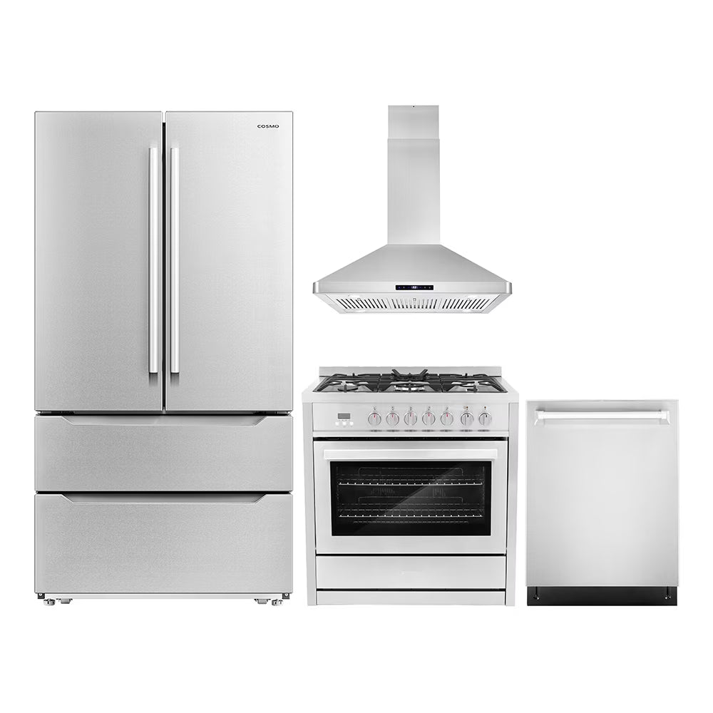Cosmo 4 Piece Kitchen Appliance Package with 36" Freestanding Dual Fuel Range 36" Island Range Hood 24" Built-in Integrated Dishwasher & French Door Refrigerator Kitchen Appliance Bundles