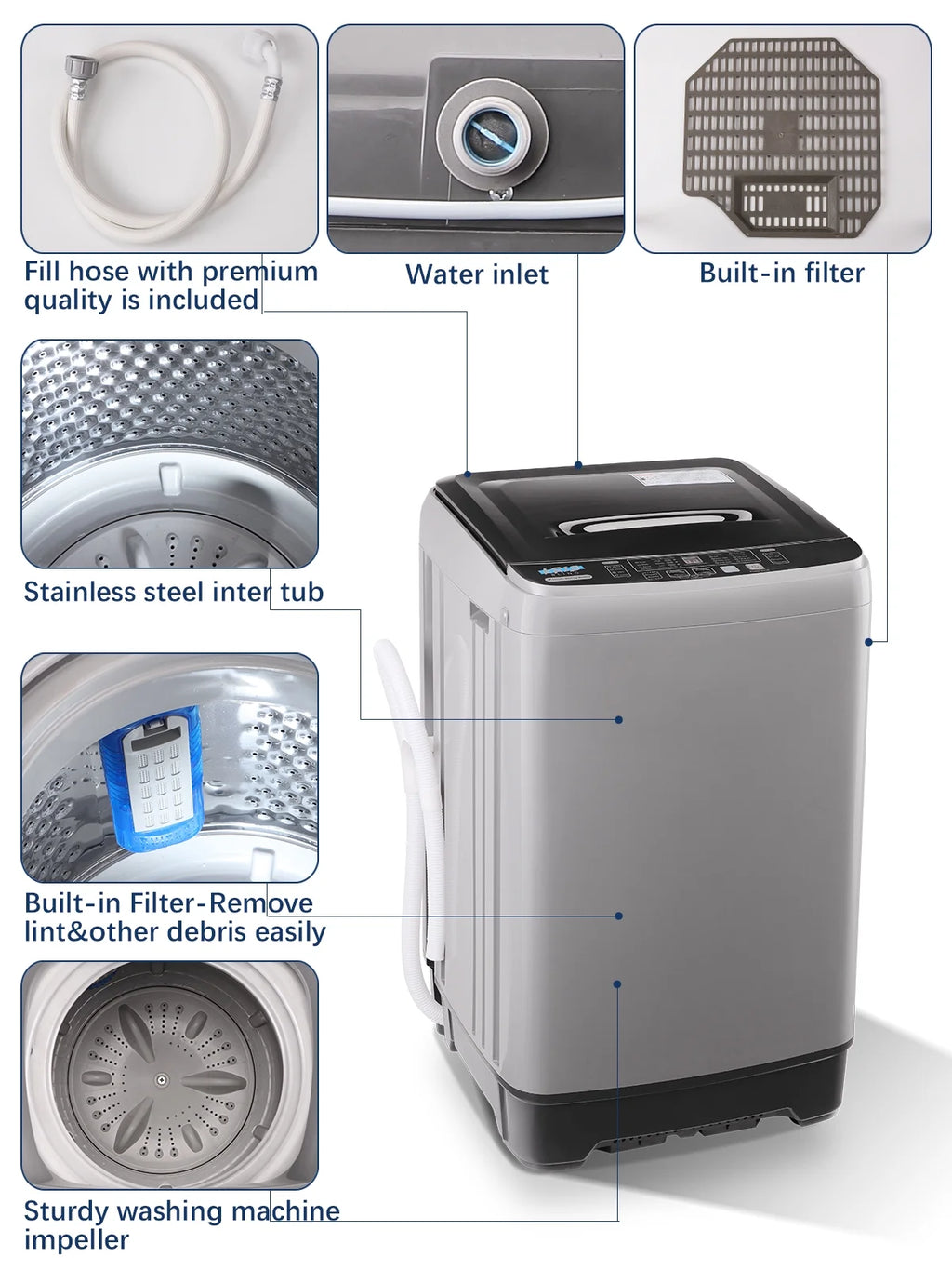 Krib Bling Full Automatic Washing Machine with LED Display, 17.7 lbs Portable Washer with Drain Pump, 10 Washing Programs & 8 Water Levels, Ideal for Camping, Apartment, Dorm, Grey