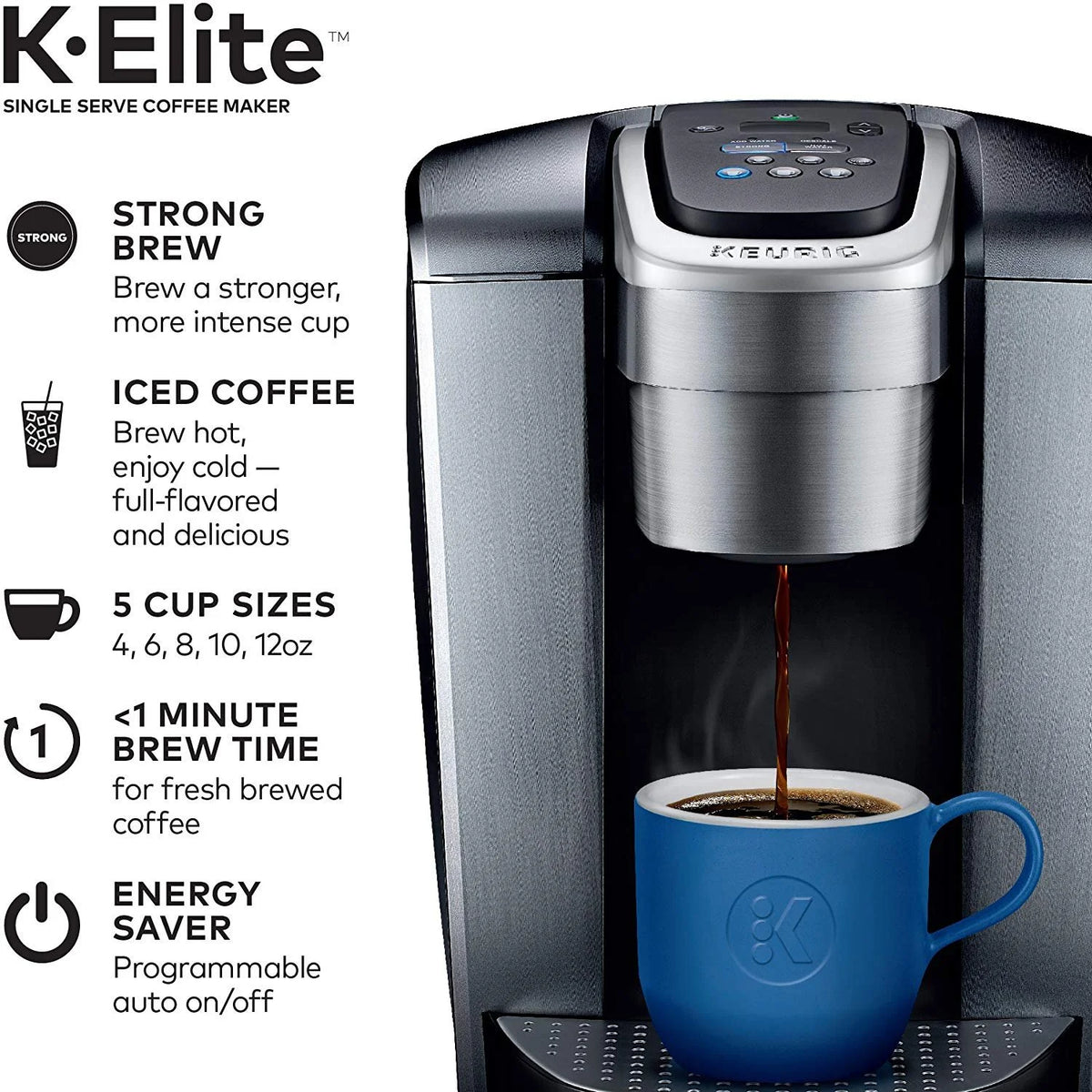 Keurig K-Elite Coffee Maker, Single Serve K-Cup Pod Coffee Brewer, With Iced Coffee Capability, Brushed Silver