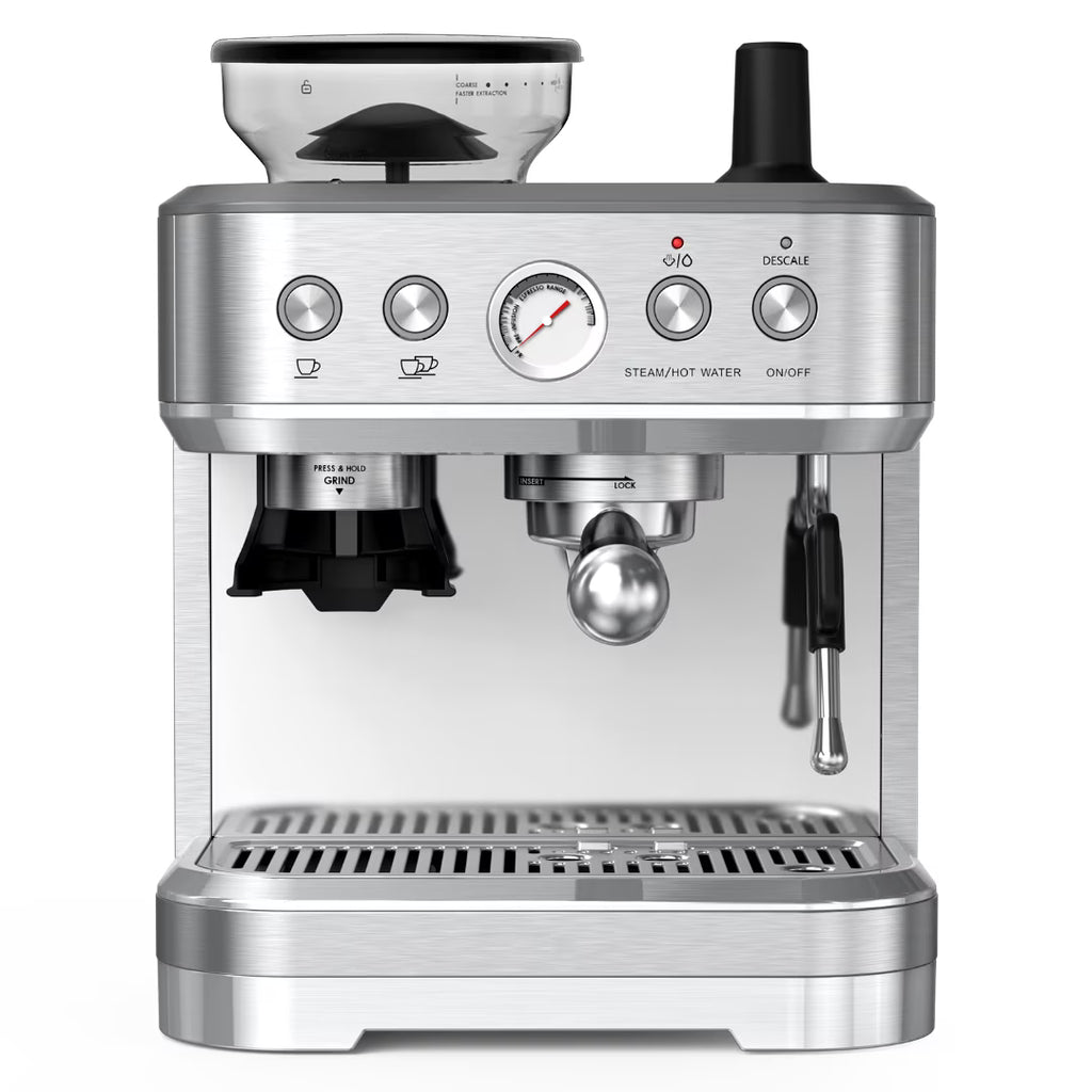Espresso Machine with Milk Frother and Grinder, 2.5L Water Tank, Brushed Stainless Steel