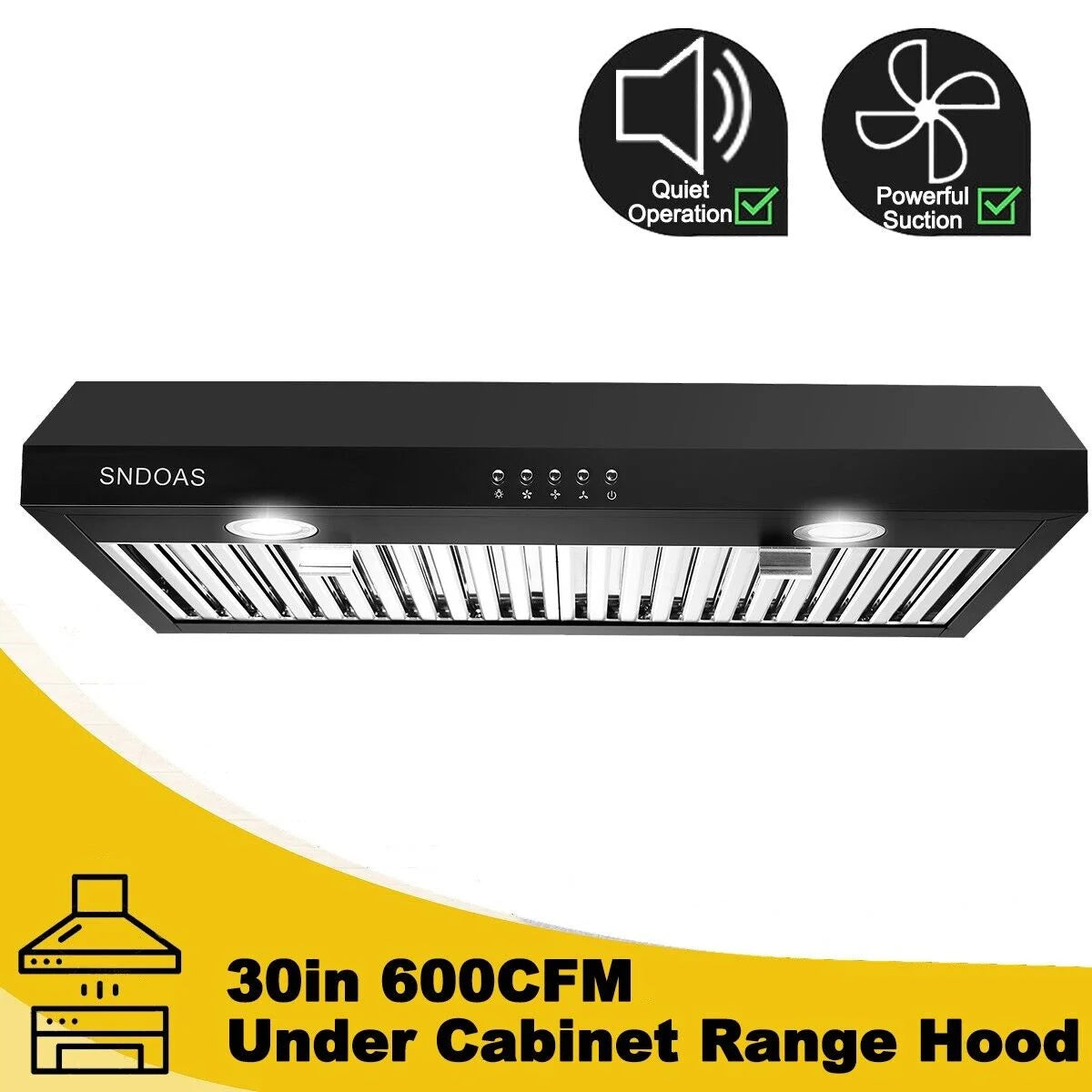 Range Hood 30 inch Under Cabinet,Black Stainless Steel Range Hood with 500 CFM,Ductless Range Hood Black,Kitchen Vent Hood 30 inch with 3 Way Venting,Baffle Filters,LED Light