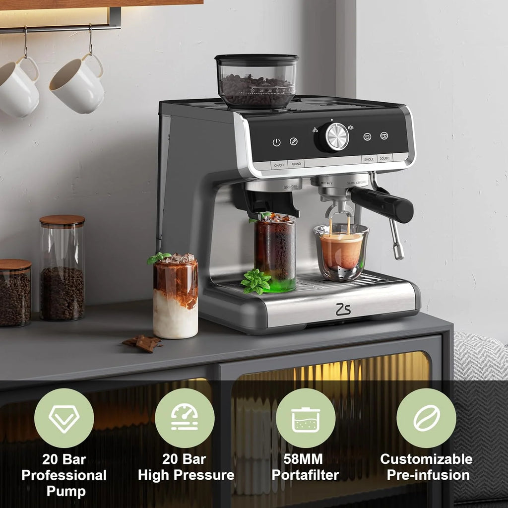 Espresso Coffee Machine with Grinder, 20 Bar Semi-Automatic Espresso Maker with Milk Frother Steamer Wand for Cappuccino, Latte, Macchiato, 2.8 L Water Tank, PID Temperature Control, Silver