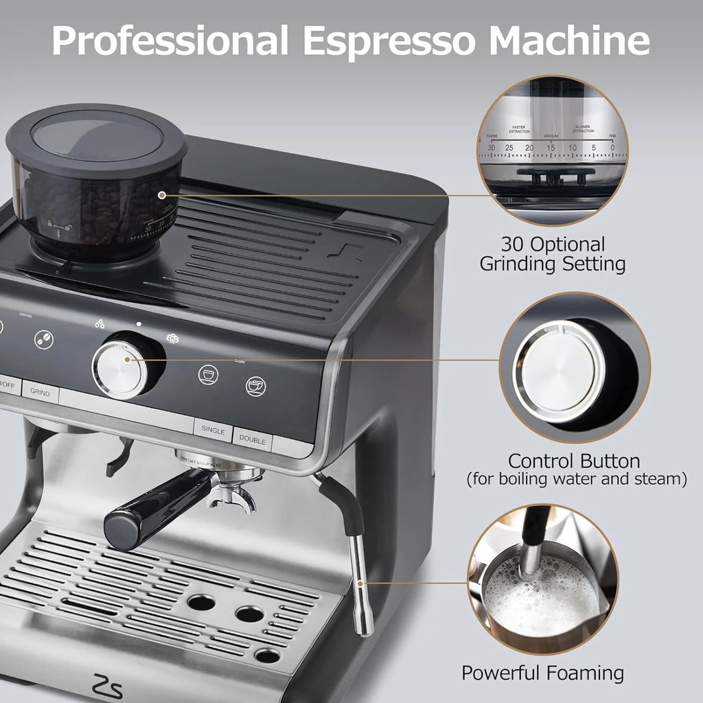 COZONY Espresso Machine 15 Bar, 2.5 L Water Tank, Semi Automatic Coffee Maker with Grinder, Milk Frother/Steam Wand, Italian Pump, All-in-One Espresso Machine, Stainless Steel, Silver