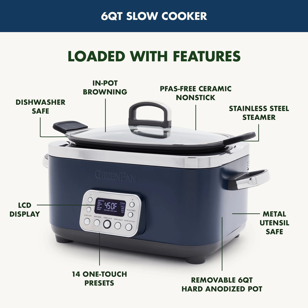 GreenPan 6-Quart, 14-in-1 Slow Cooker, Family Size, Ceramic Nonstick, Dishwasher Safe Parts, Black