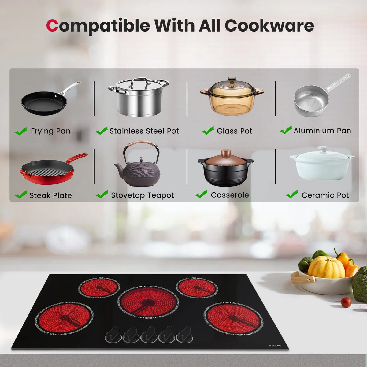 Gasland Chef 5 Burner Ceramic Cooktop,Mechanical Knob Control Electric Stove Top,240V