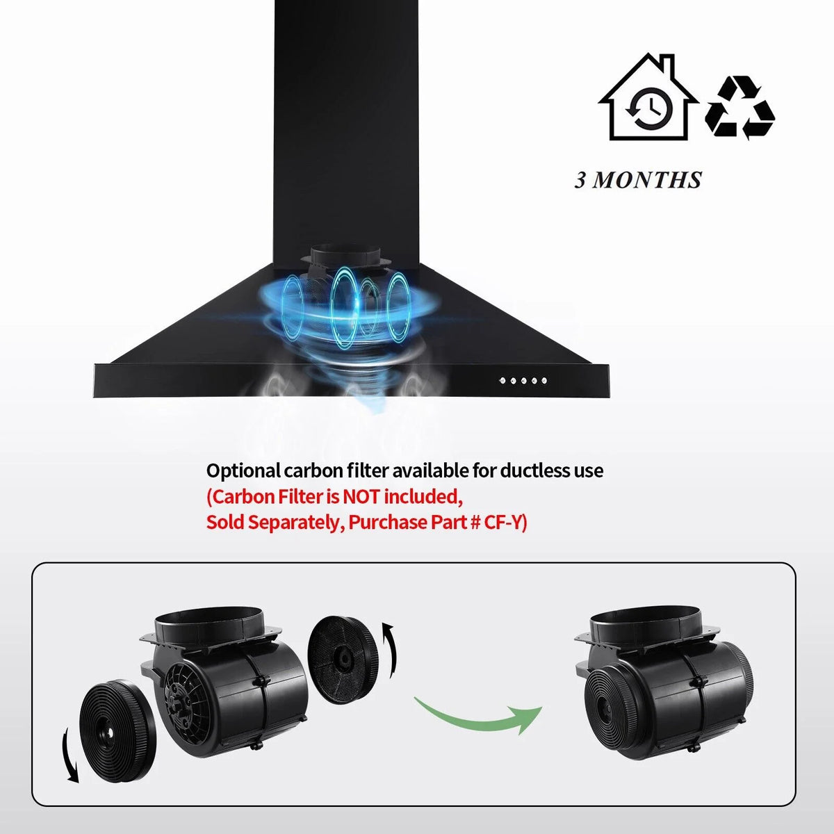 24 inch Wall Mounted Range Hood Kitchen Stove Vent Hood 450 CFM 3-Speed Fan