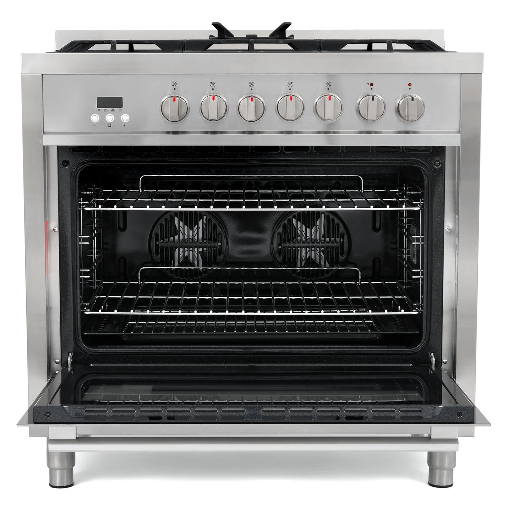 Cosmo 4 Piece Kitchen Appliance Packages with 36" Freestanding 220/240V Dual Fuel Range 36" Island Range Hood 24" Built-in Integrated Dishwasher & French Door Refrigerator Kitchen Appliance Bundles